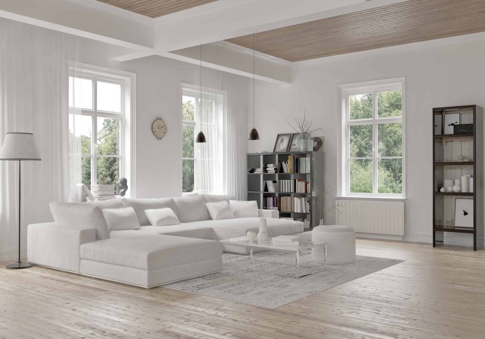 Modern loft living room interior with monochromatic white decor, a comfortable modular lounge suite and rug and accent bookcases with structural ceiling beams